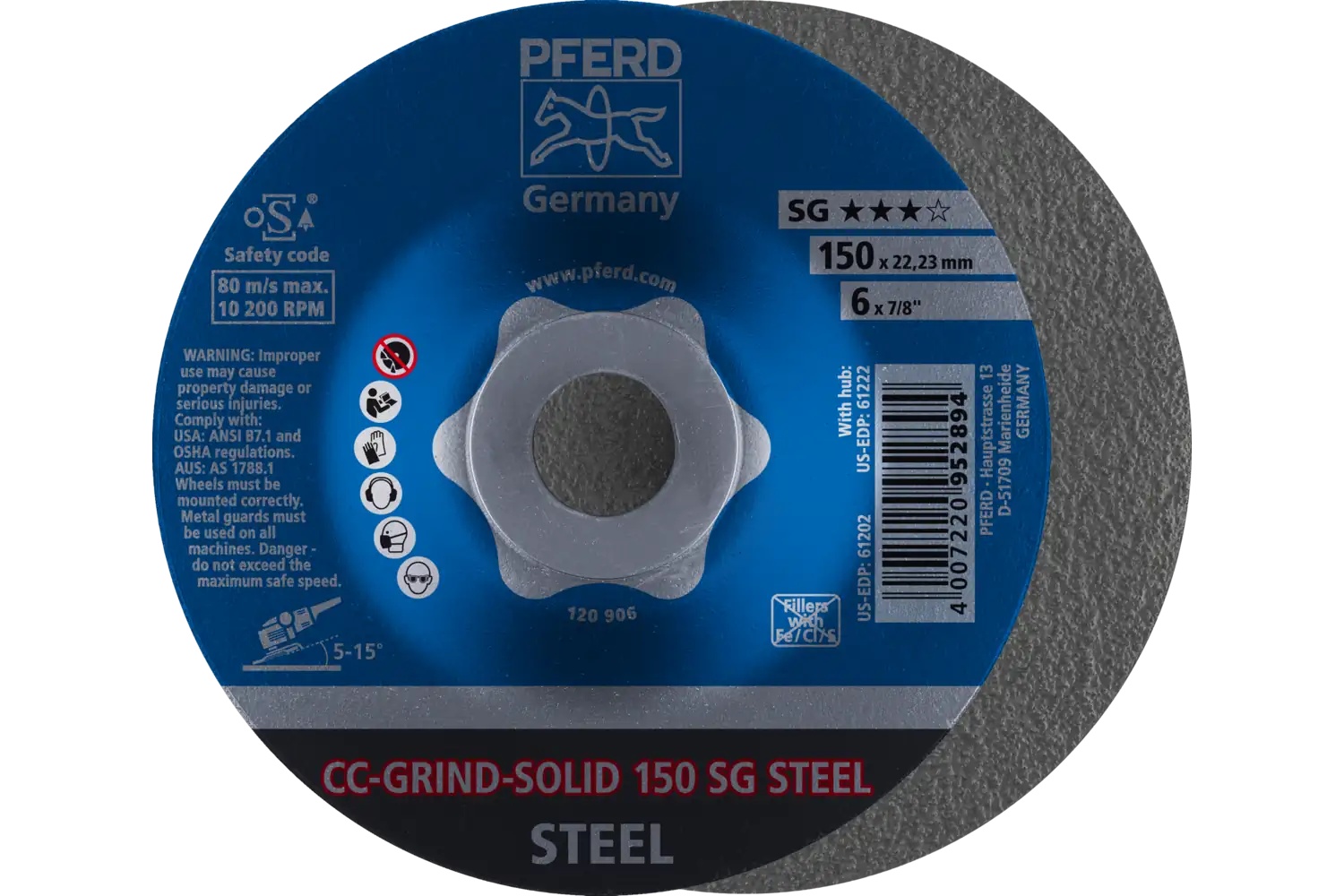 Picture of Pferd Grinding disc, CC-Grind®-Solid, 6" x 7/8, SG Steel, Ceramic
